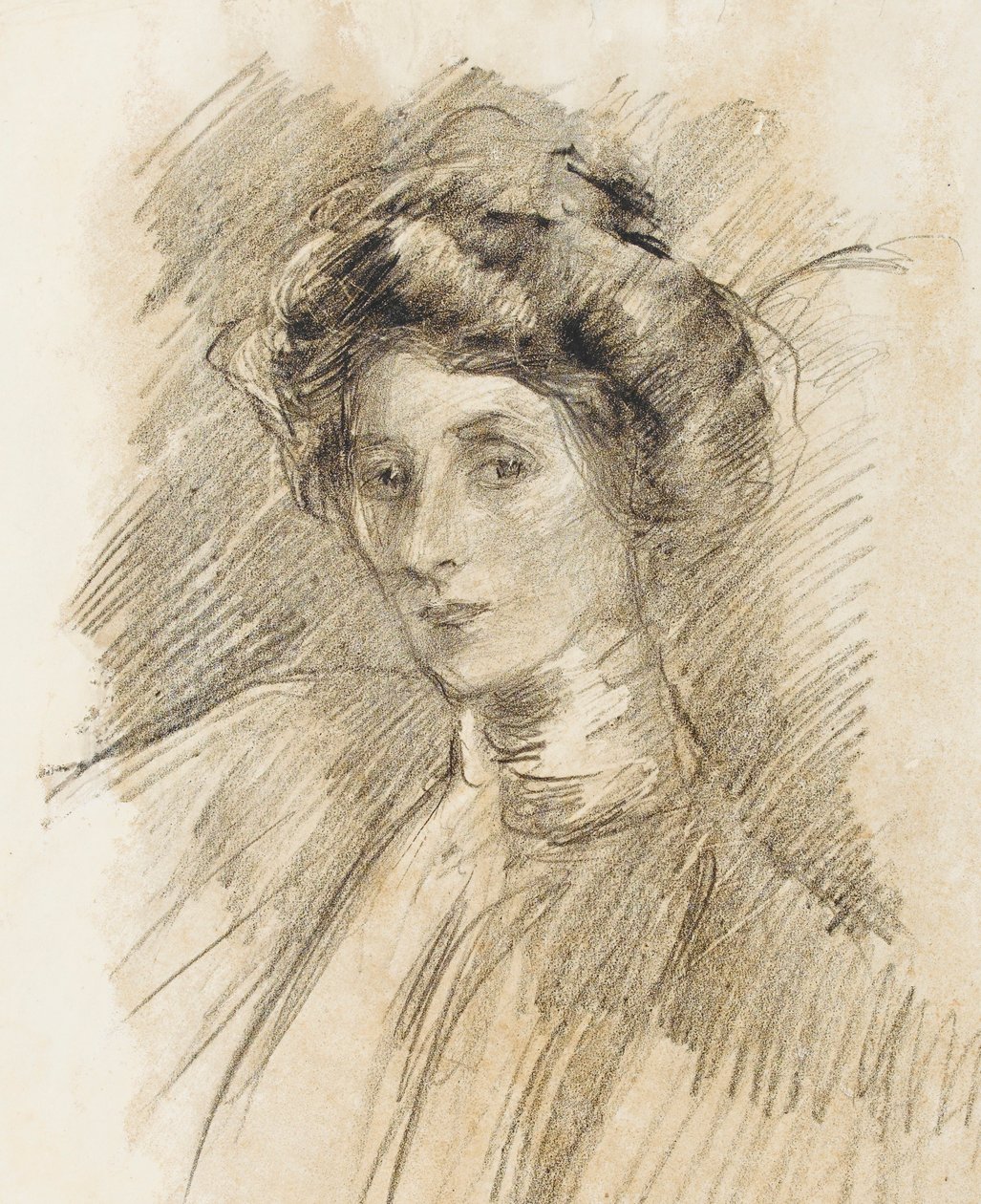 Portrett av en kvinne med høy krage, hode og skuldre, ca. 1905 (litografisk fargestift på overføringspapir) av Albert de Belleroche