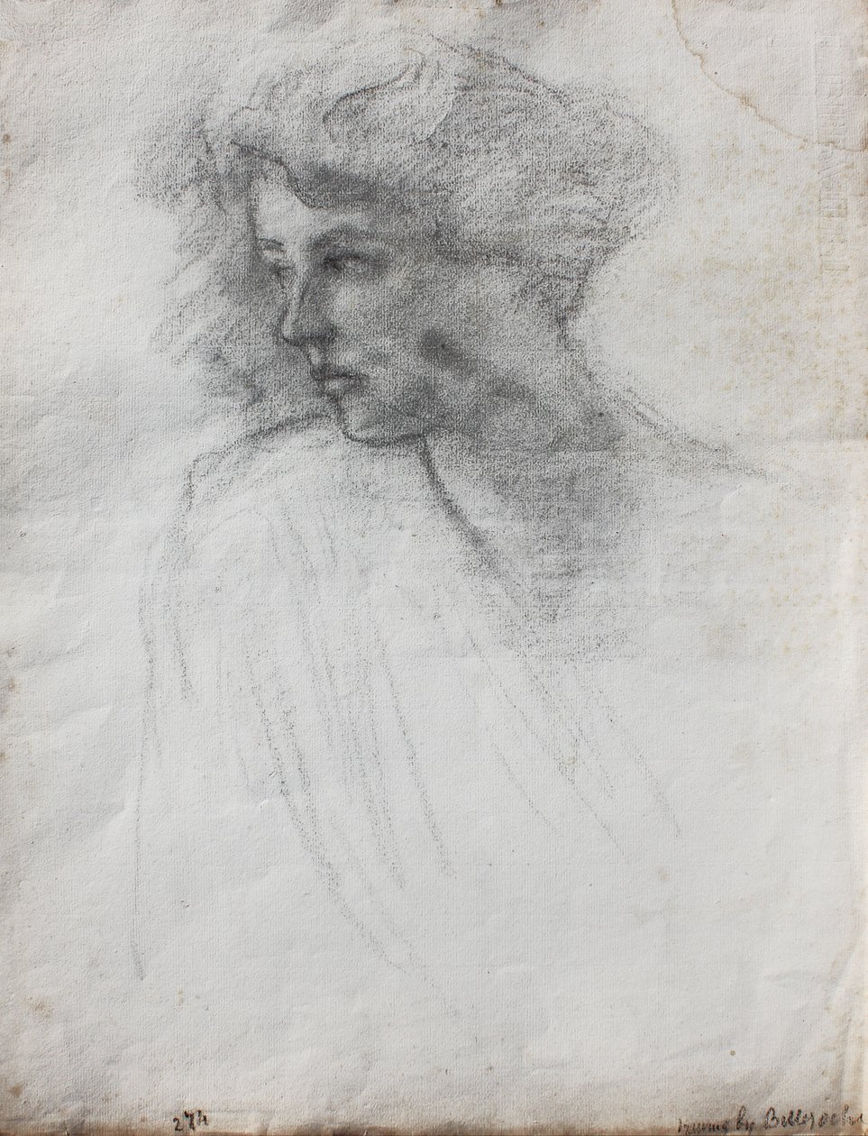 Portrett av kunstnerens kone, hode og skuldre, trekvart sett, ca. 1905 (svart kritt på papir) av Albert de Belleroche