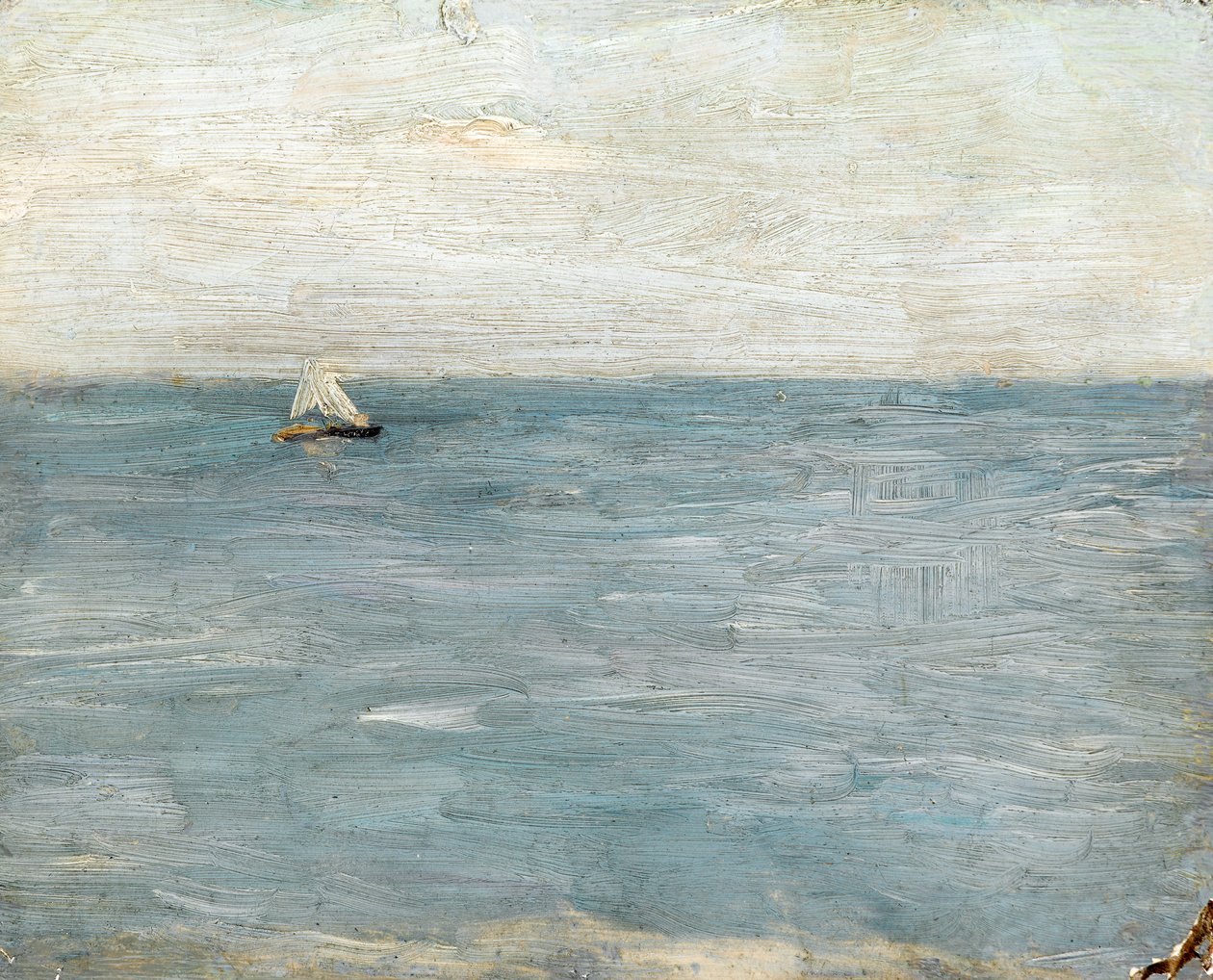 Sjølandskap med seilbåt (olje på forberedt kvernbrett) av Albert de Belleroche
