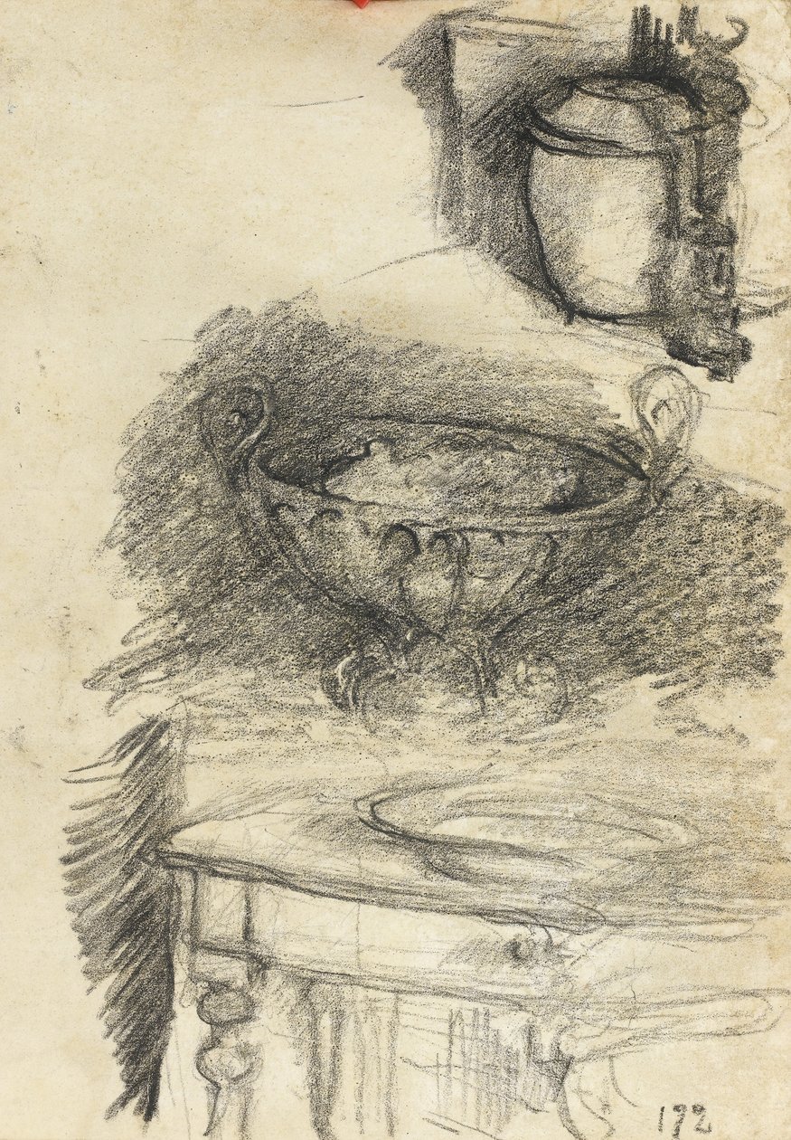 Stilleben av kjøkkenutstyr, ca. 1890 (svart kritt på papir) av Albert de Belleroche