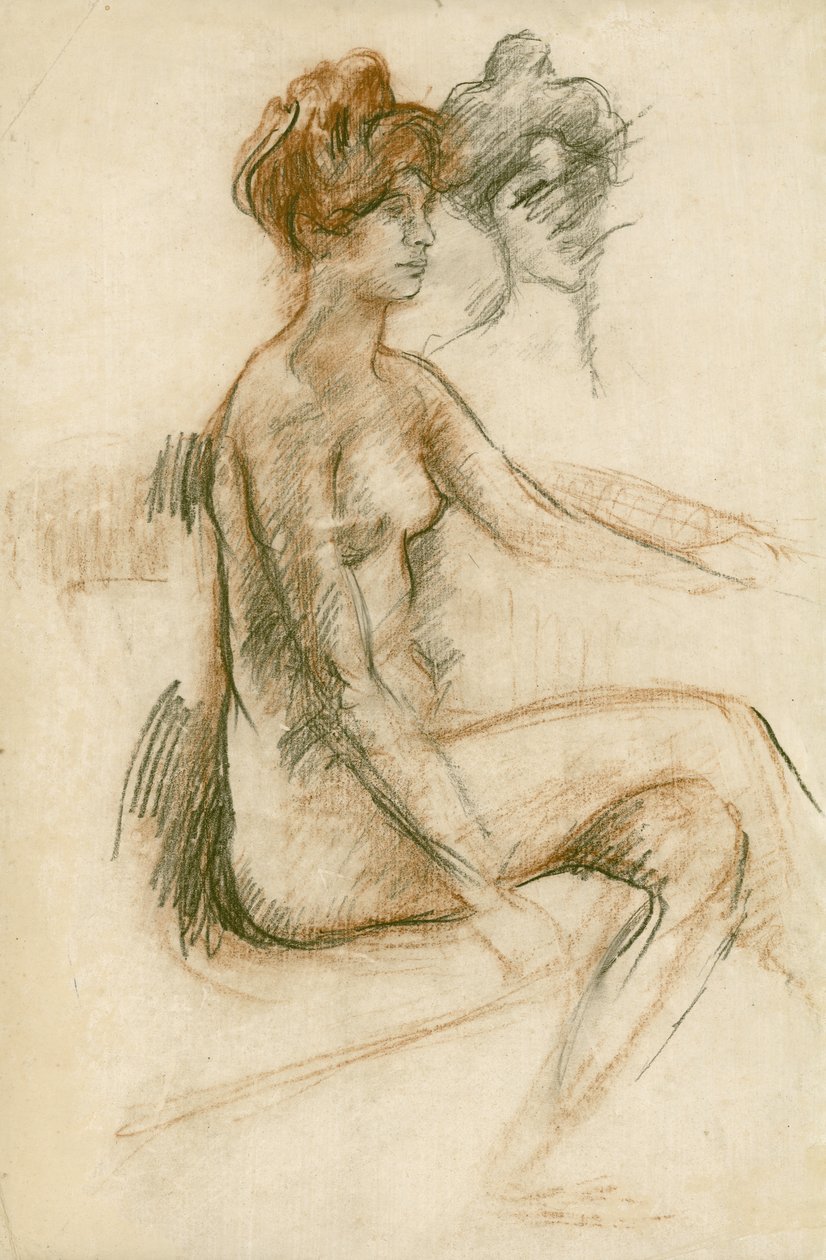 Studie av en sittende naken, venstre arm hevet, ca. 1890 (blyant, kull og brunt kritt på papir) av Albert de Belleroche