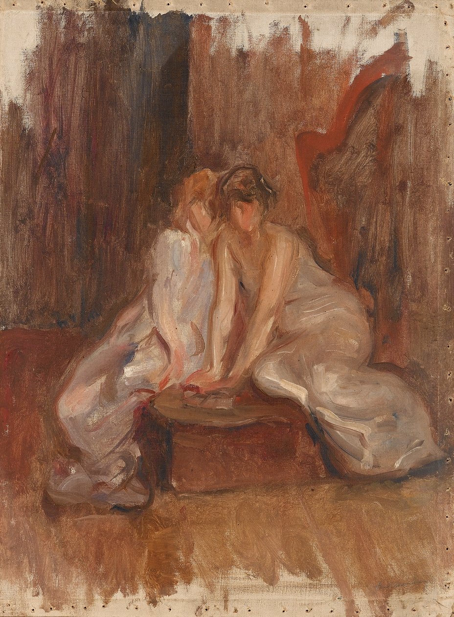 To kvinner satt ved en harpe - ca.1900 av Albert de Belleroche