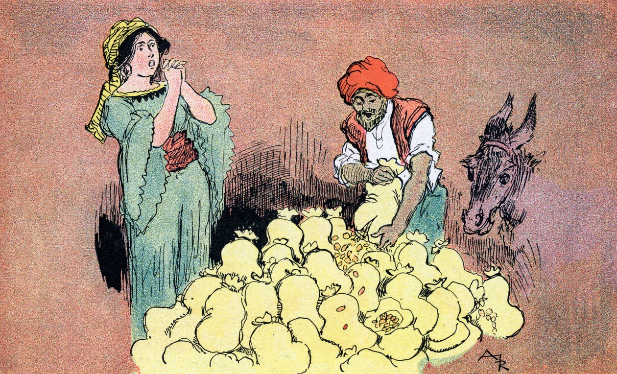 Ali Baba viser gullposene til sin kone Illustrasjon av Albert Robida for Ali Baba and the Forty Thieves 1945 Private Collection av Albert (after) Robida