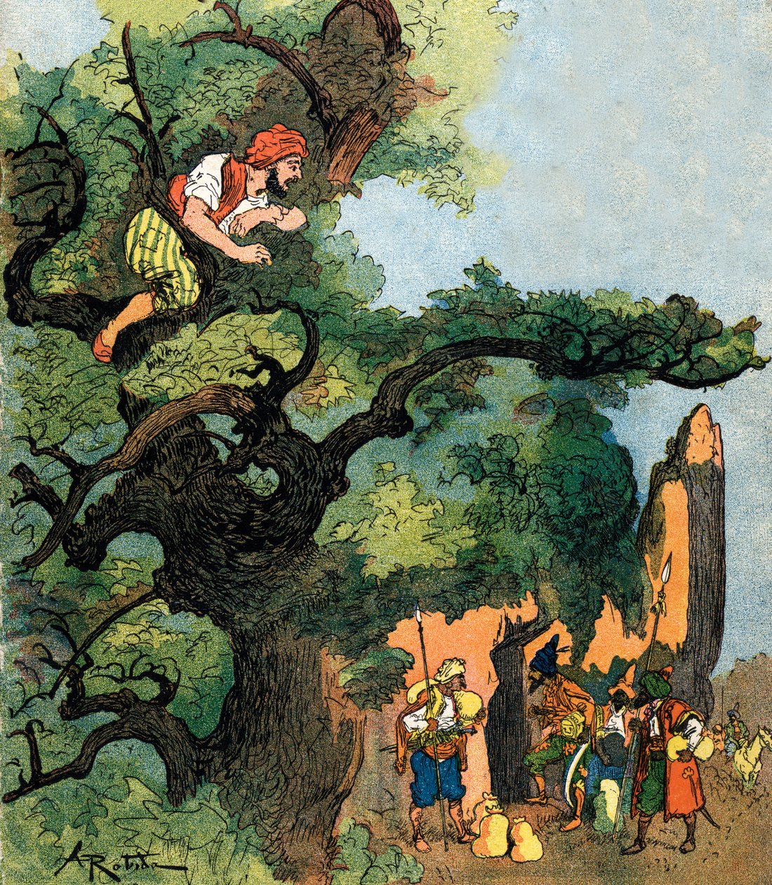 Ali baba overhører en gruppe på førti tyver som besøker skattebutikken deres Illustrasjon av Albert Robida for Ali Baba and the Forty Thieves 1945 Private Collection av Albert (after) Robida