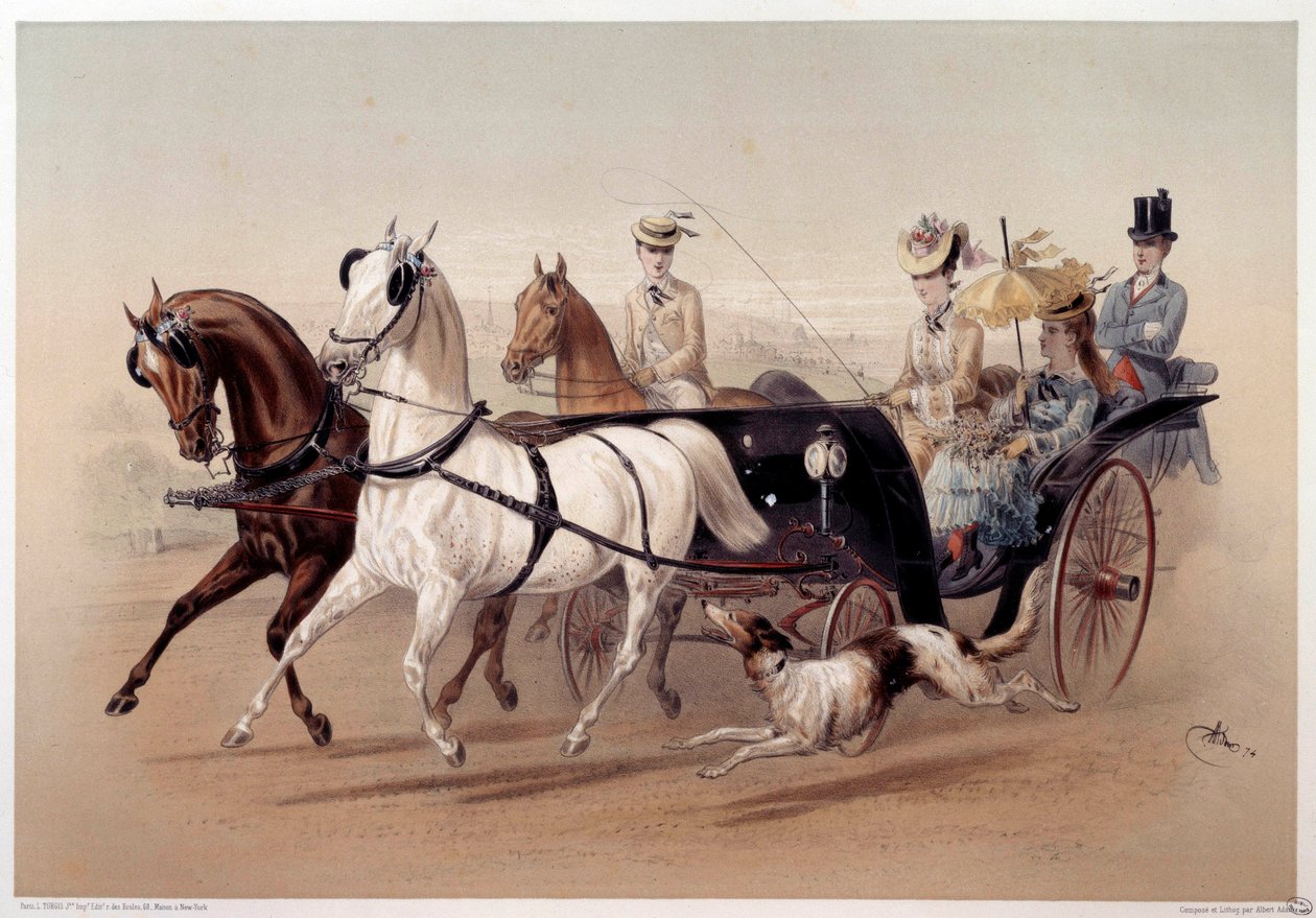 A Victoria Car and the horses of Tarbes Trykk av Albert Adam (1833-?) Paris fra 1800-tallet, Musee Carnavalet av Albert Adam