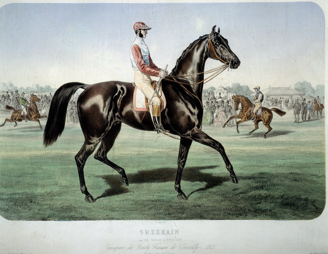 Racing: "" Suzerain, vinner av Chantilly-derbyet i 1868"" Litografi av Albert Adam (1833-?) Privat samling av Albert Adam