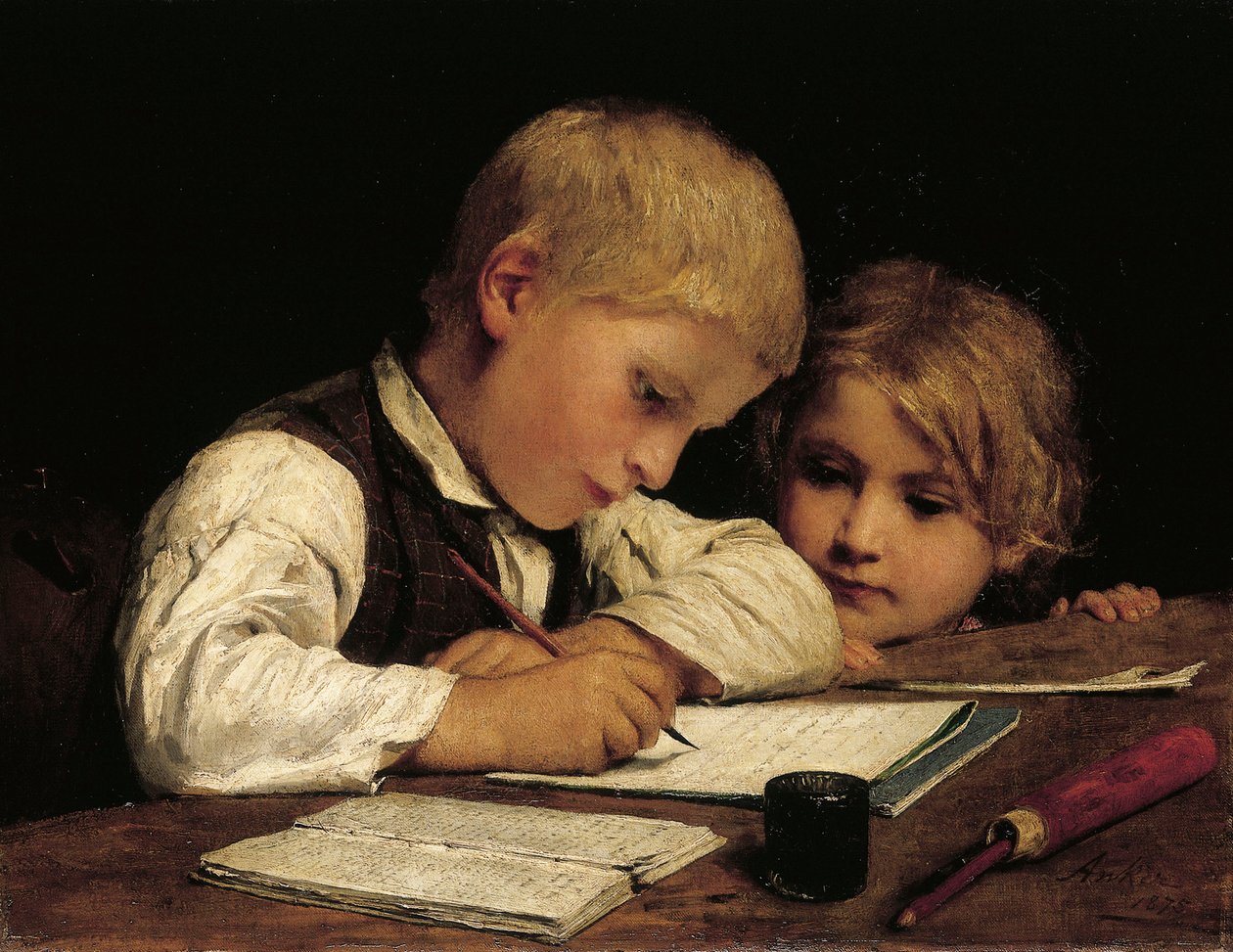 En gutt som skriver; Skrivende gutt med lillesøster av Albert Anker
