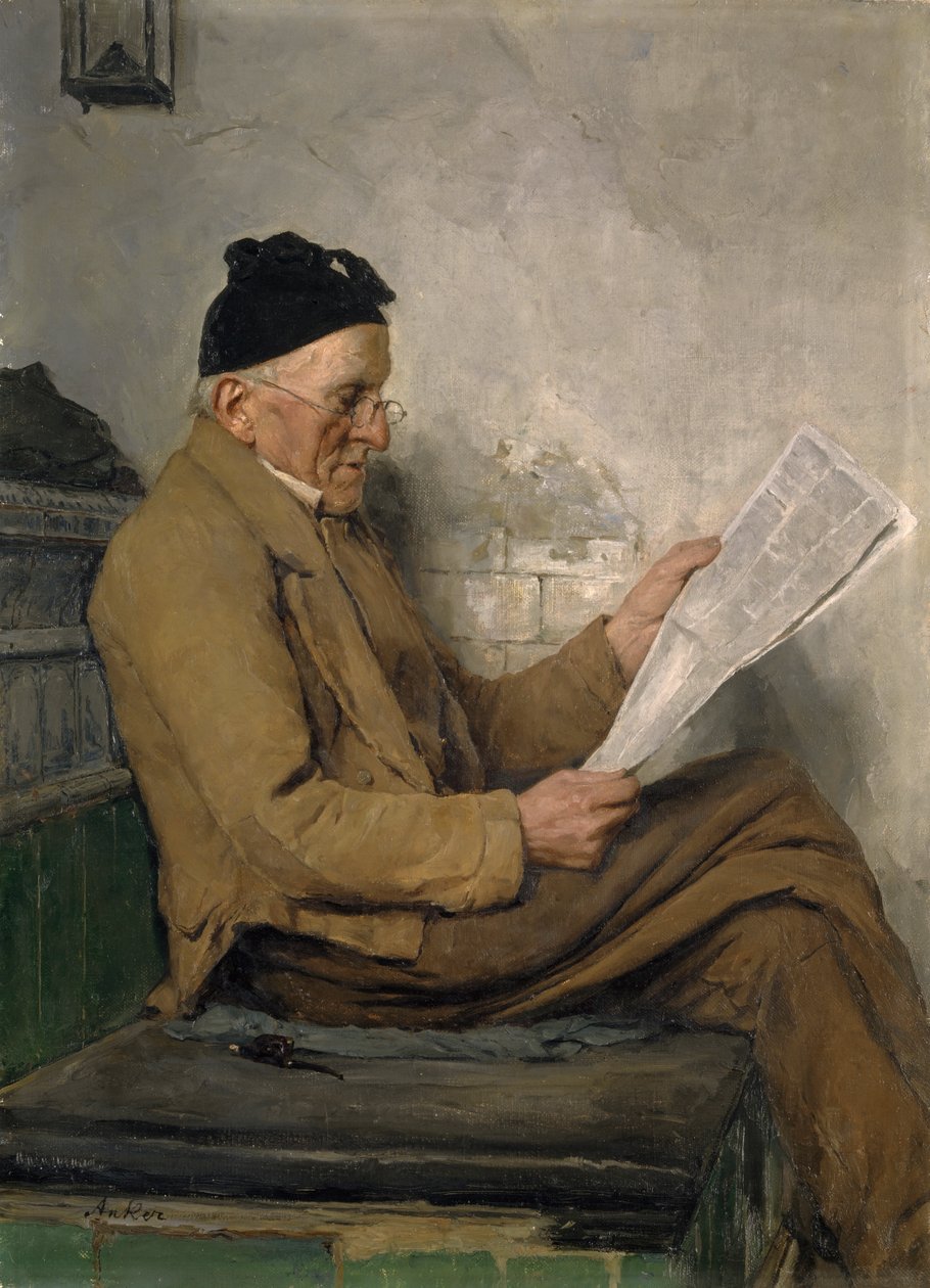 Bonde leser på komfyrbenken av Albert Anker
