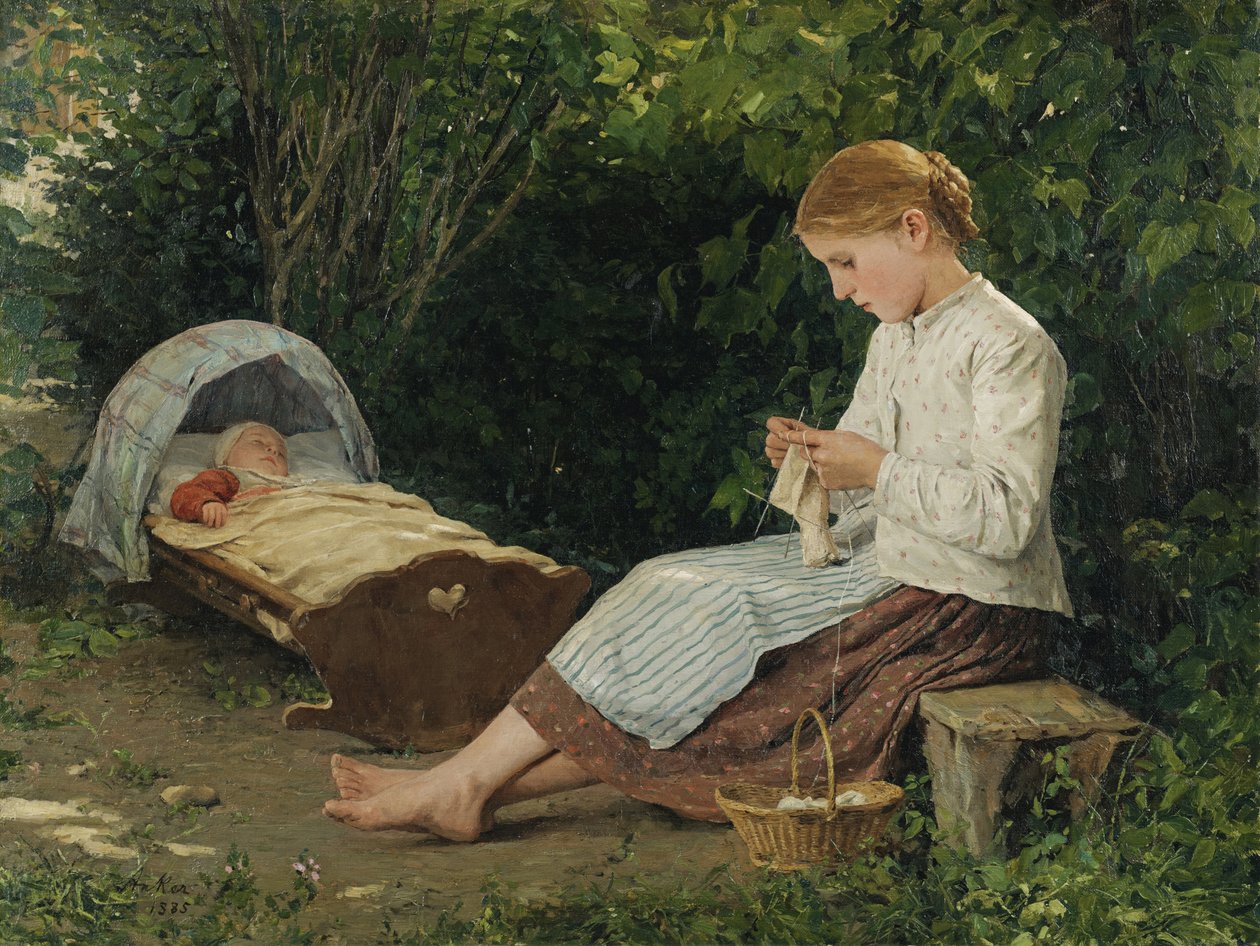 Strikkejente ser på småbarnet i en vugge av Anker, Albert (1831-1910). Olje på lerret, størrelse: 54x70 av Albert Anker