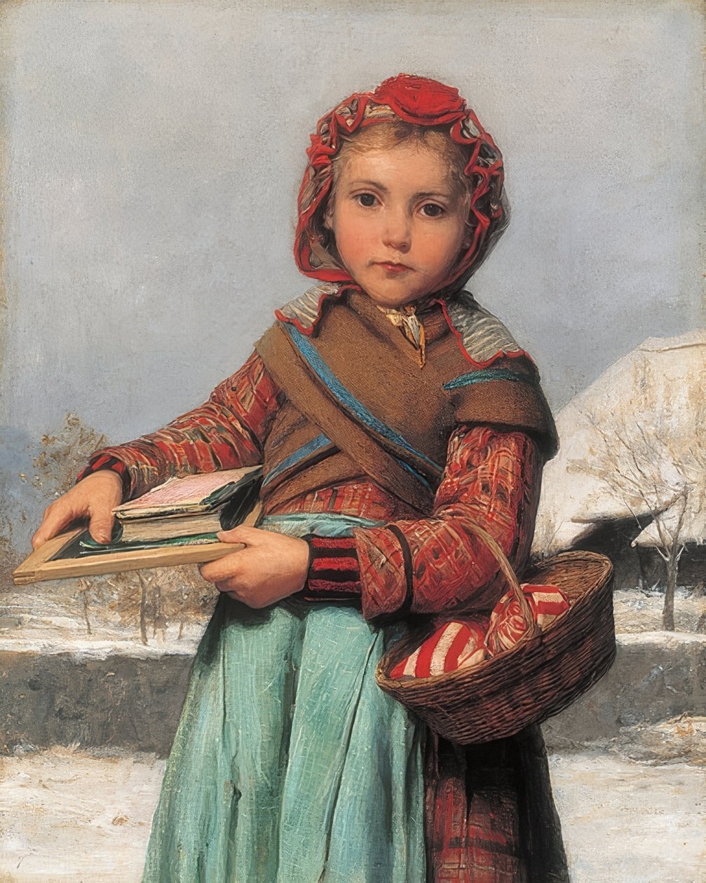 Skolejente med skifer og sykurv. 1878 av Albert Anker
