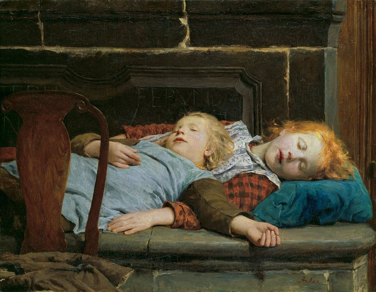 To sovende jenter på komfyrbenken av Anker, Albert (1831-1910). Olje på lerret av Albert Anker
