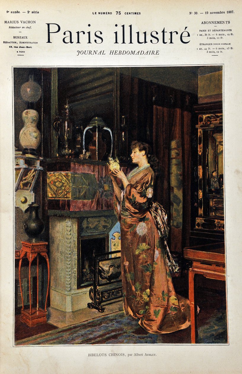 Chinese trinkets A European woman dressed in the Orientale observes her ollection of Chinese objects. Illustration by Albert Aublet (1851-1938). Engraving from 1887 in “” Paris-Illustrous journal weekly””. av Albert Aublet