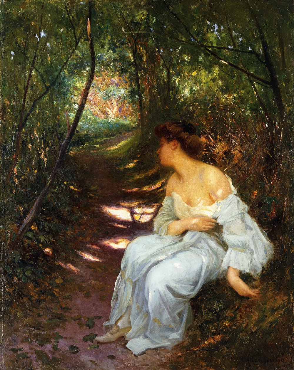 En ung kvinne som sitter på en skogkledd sti, 1908 av Albert Auguste Fourie