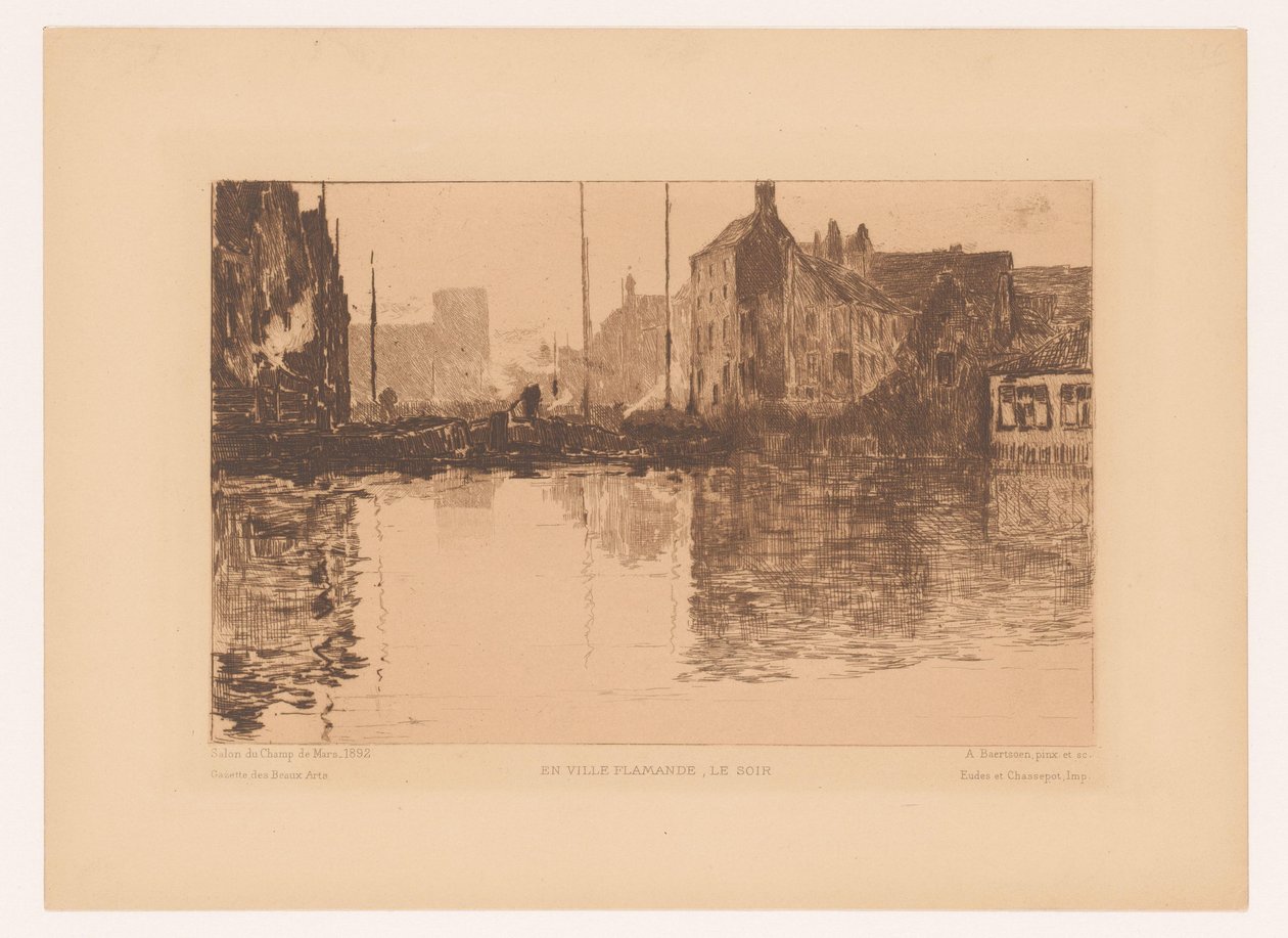 Havneutsikt i Flandern En ville Flamande, le soir (tittel på objekt) av Albert Baertsoen