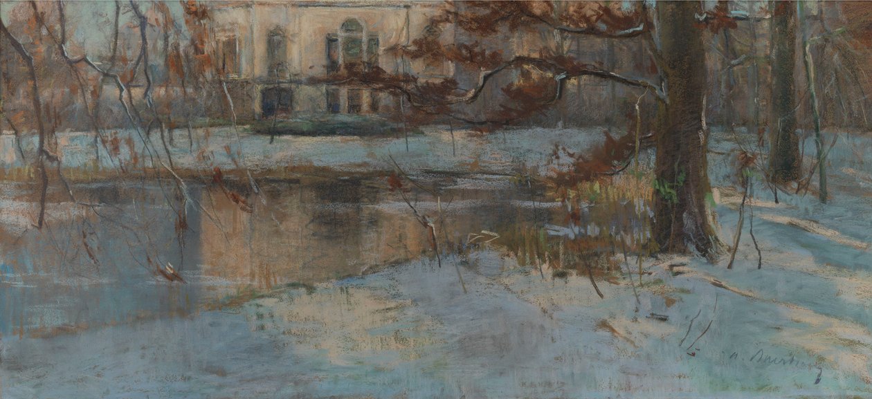 Hjørne av en dam, snø (Herregård og park under snø) av Albert Baertsoen