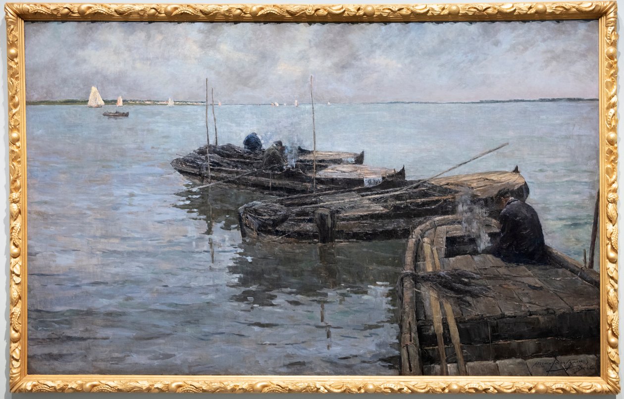 På Nedre Schelde, siste stråler, fortøyde fiskere av Albert Baertsoen