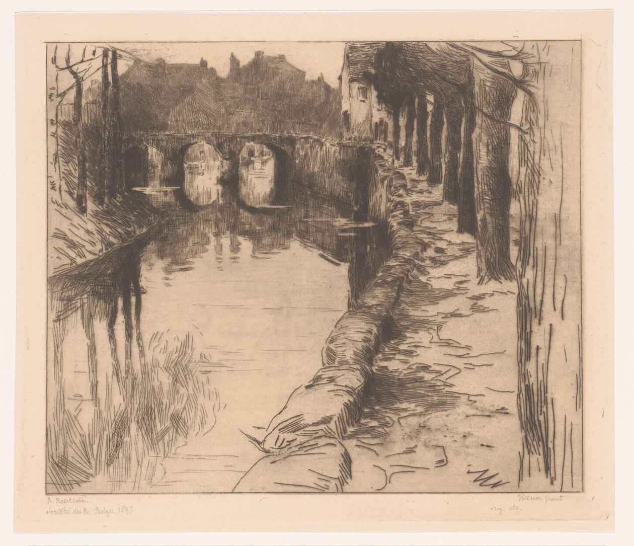 Gammel bro over en kanal i Diksmuide Vieux Pont (tittel på objekt) Gammel bru i Diksmuide av Albert Baertsoen