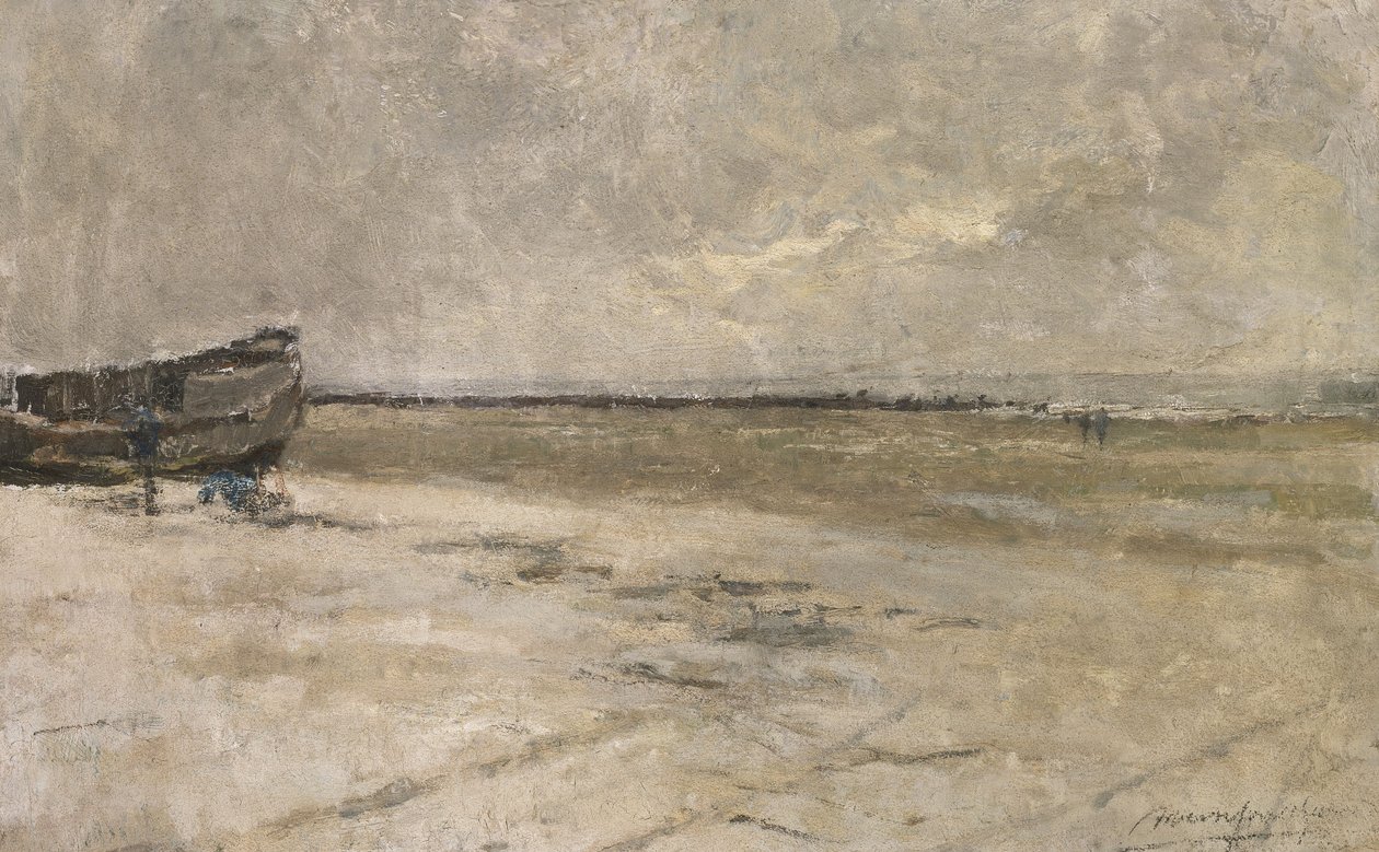 Strand, grått vær, strandscene i De Panne av Albert Baertsoen