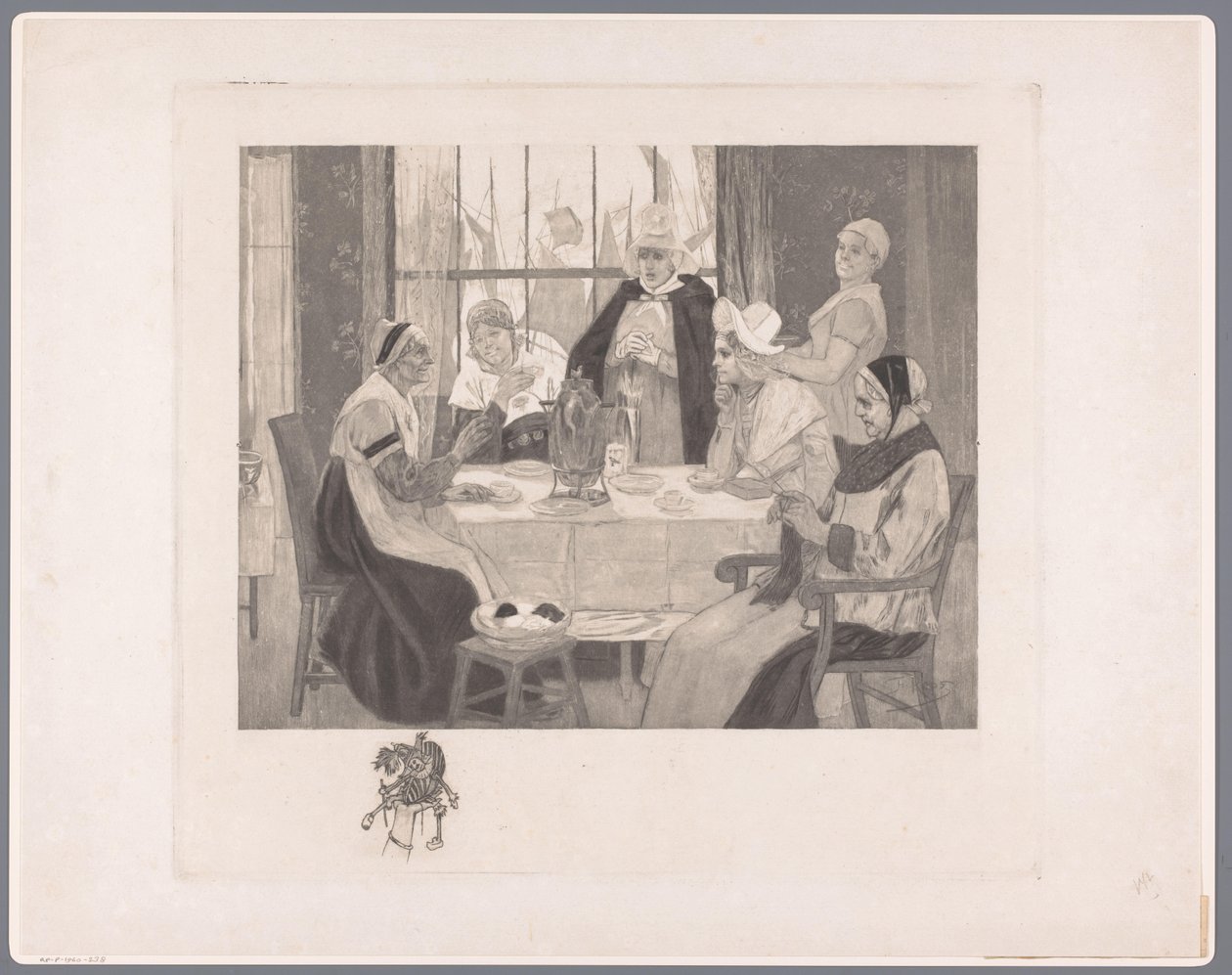 Selskap av kvinner i tradisjonell drakt ved bordet skandale av Albert Bertrand (attributed to)