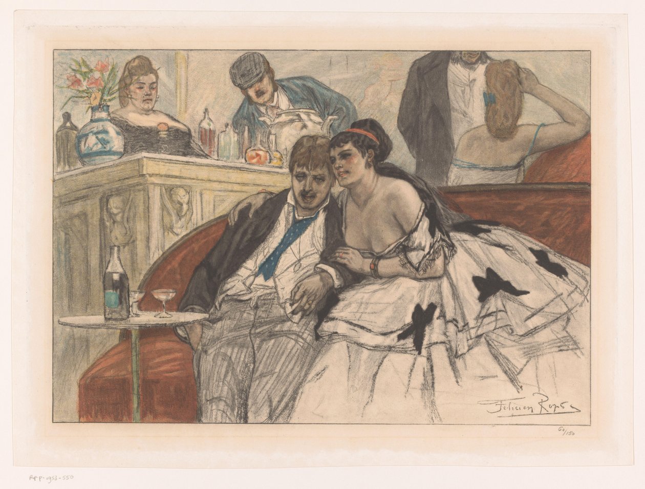 Mann og kvinne sitter på en rød sofa i baren på et teater Le gandin ivre av Albert Bertrand (attributed to)
