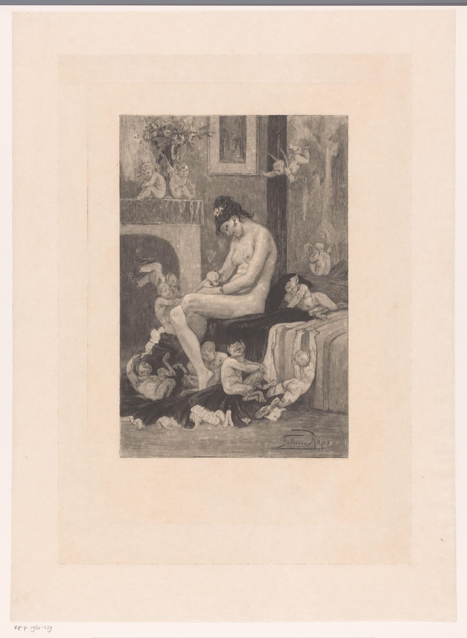 Naken kvinne på kanten av en seng omgitt av demoner som leker La mere aux Satyrions av Albert Bertrand (attributed to)
