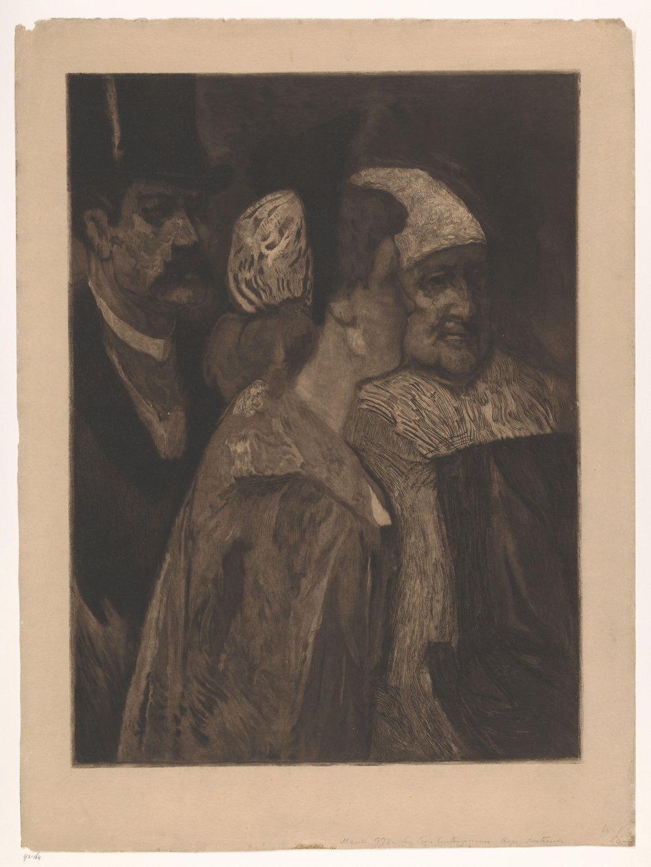 To kvinner og en mann med topphatt Les trois contemporains (original tittel) av Albert Bertrand