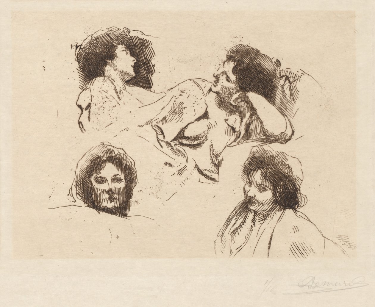 Four Heads of Women: Studie for «The Happy Island» av Albert Besnard