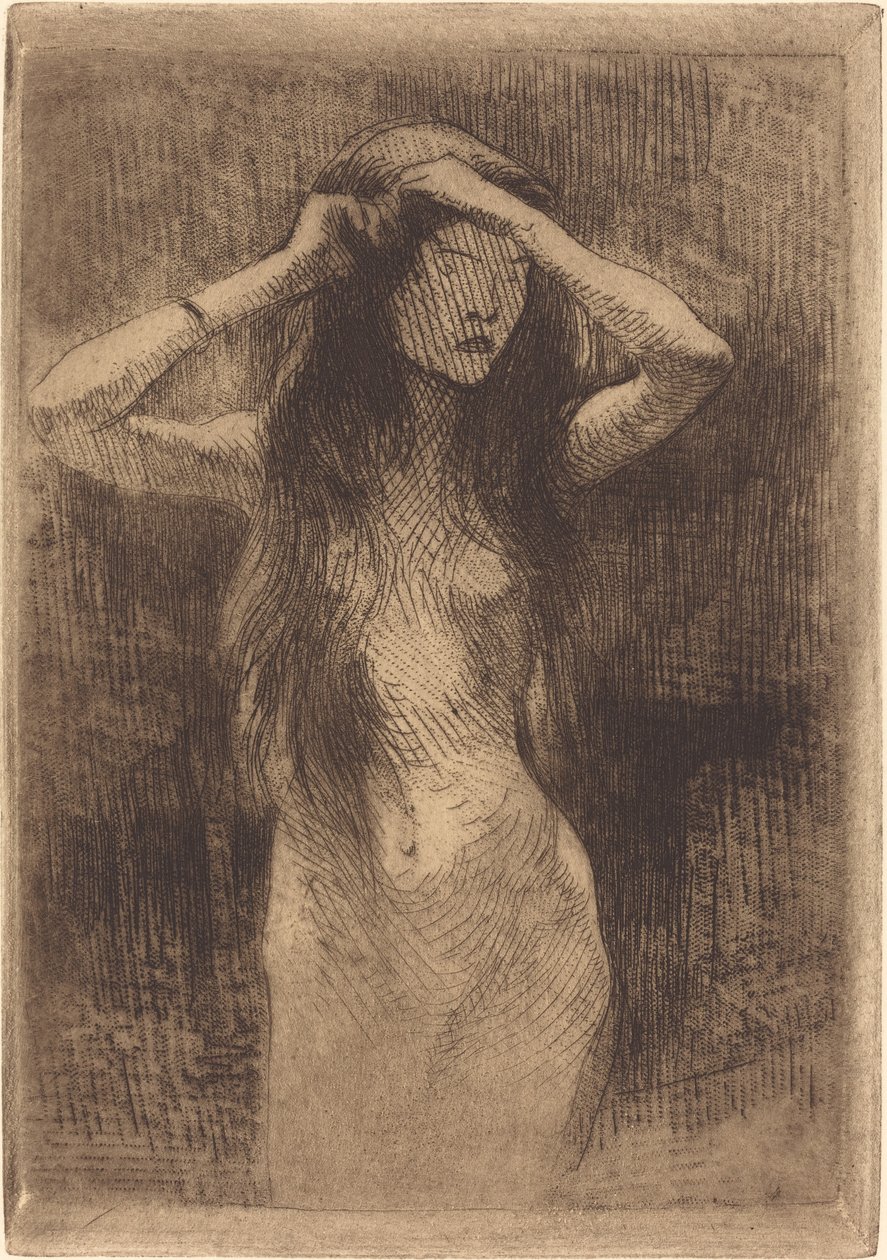 Naken jente som grer håret av Albert Besnard