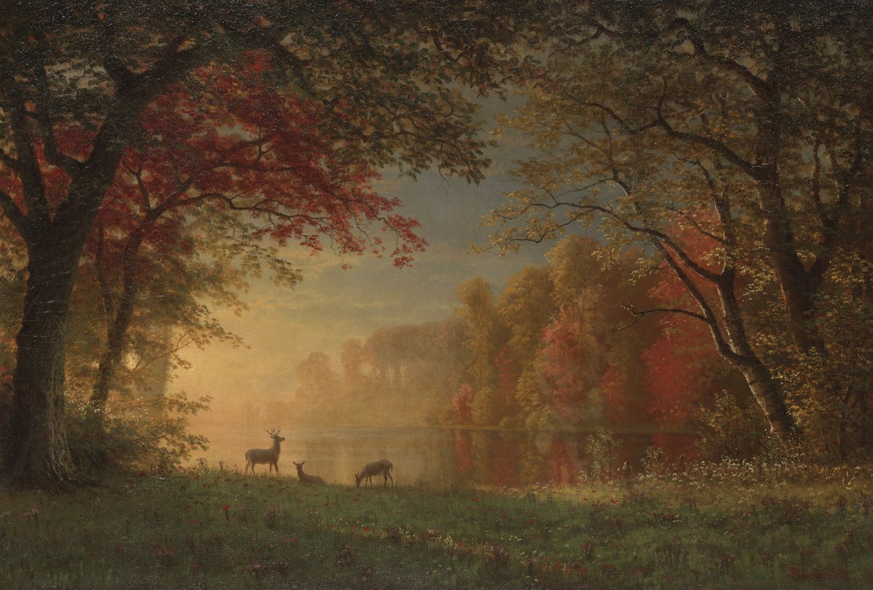 Indisk solnedgang: Hjort ved en innsjø, ca. 1880-90 av Albert Bierstadt