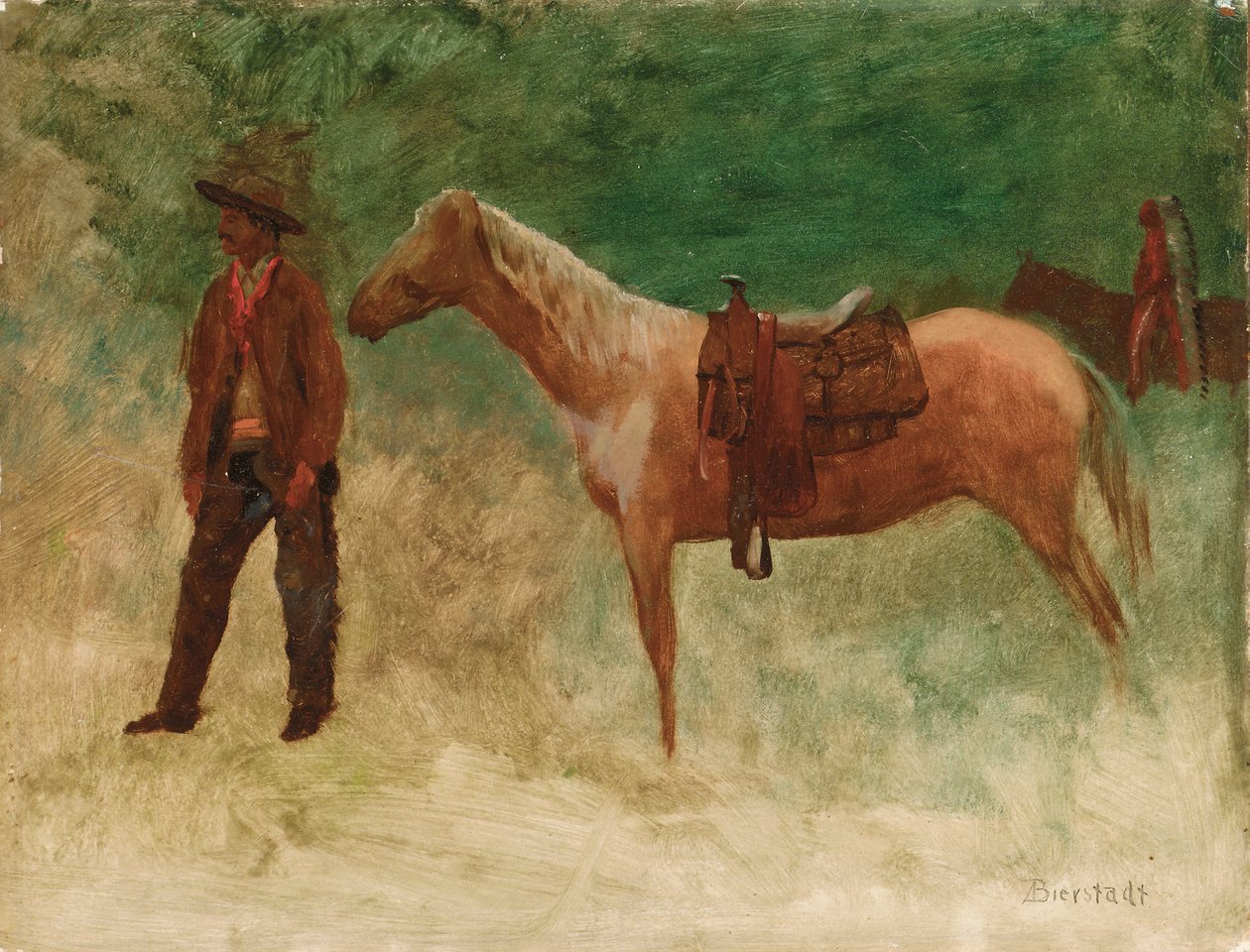 Stående cowboy med hest av Albert Bierstadt