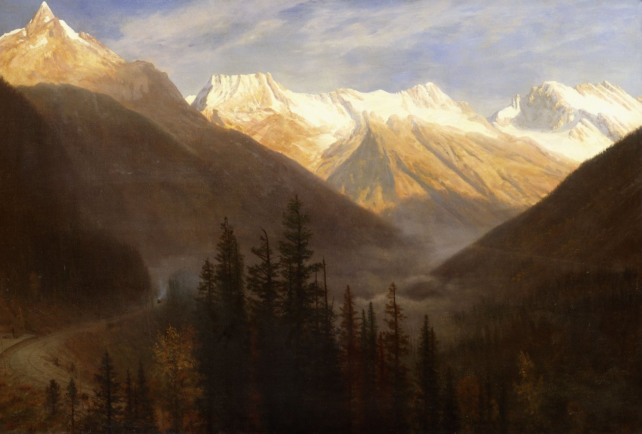 Soloppgang fra Glacier Station, ca. 1890 av Albert Bierstadt