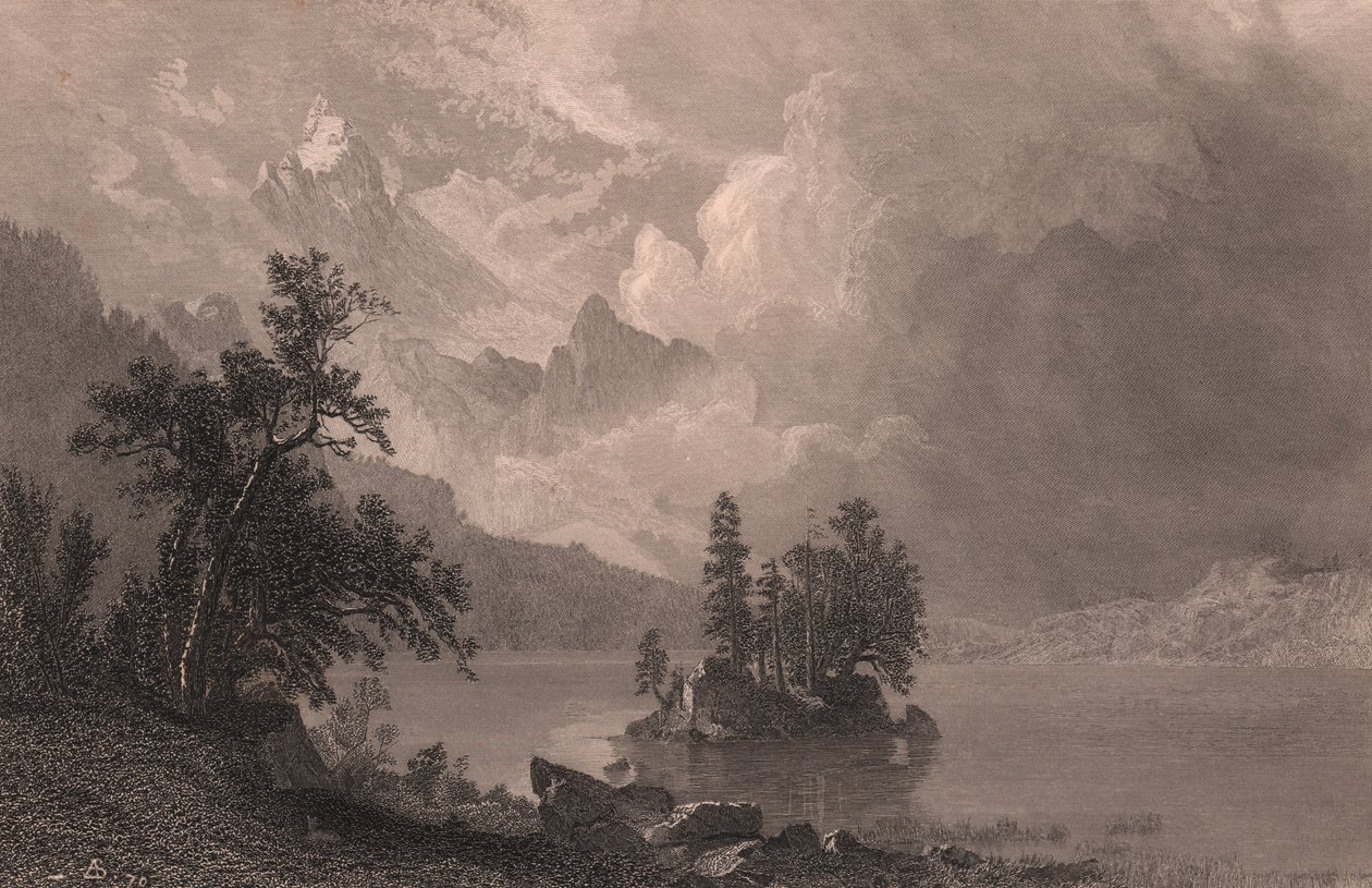 Utsikt over Lake Esther, Sierra Nevada, California, USA, stålgravering av Robert Hinshelwood (1812-etter 1875) etter maleri av Albert Bierstadt (1830-1902), ca. 19x14 cm av Albert Bierstadt