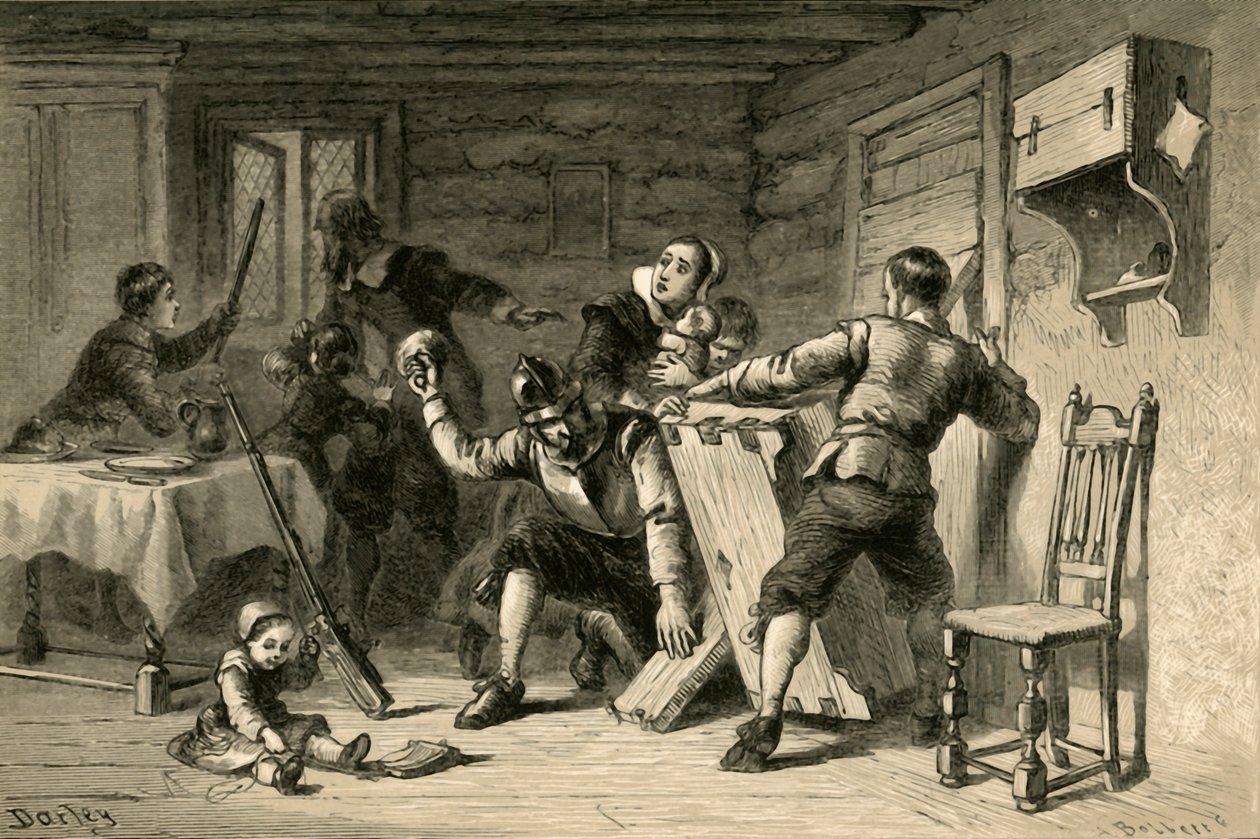 Puritanere barrikaderte huset sitt mot indianere, 1877. av Albert Bobbett