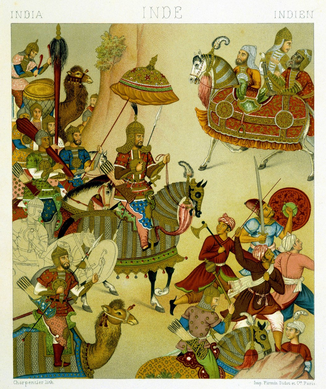 1500-talls krigsdrakter i India. Kromolitografisk plate - i "" Le costume historique"" av Racinet av Albert Charles August Racinet