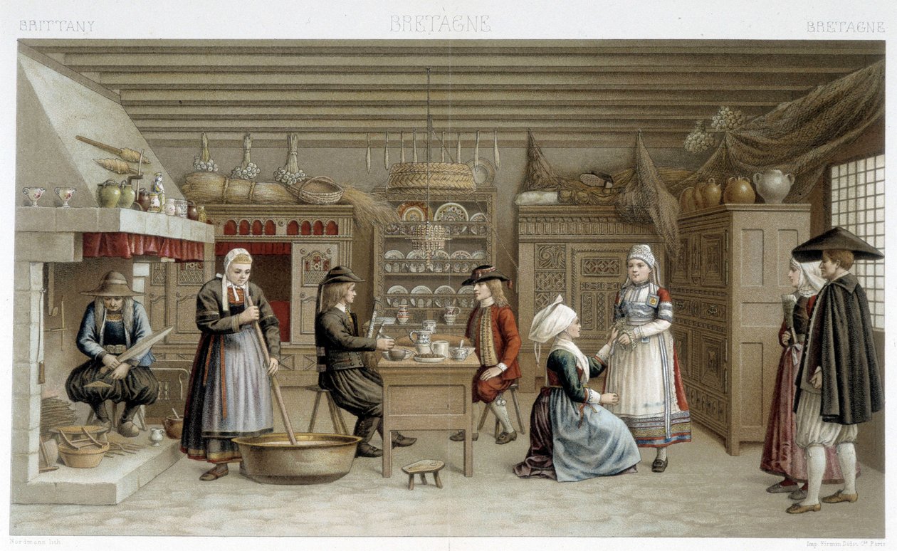 Bretonske kostymer og interiør fra 1800-tallet - i "" Le costume ancien et historique"" av Racinet av Albert Charles August Racinet