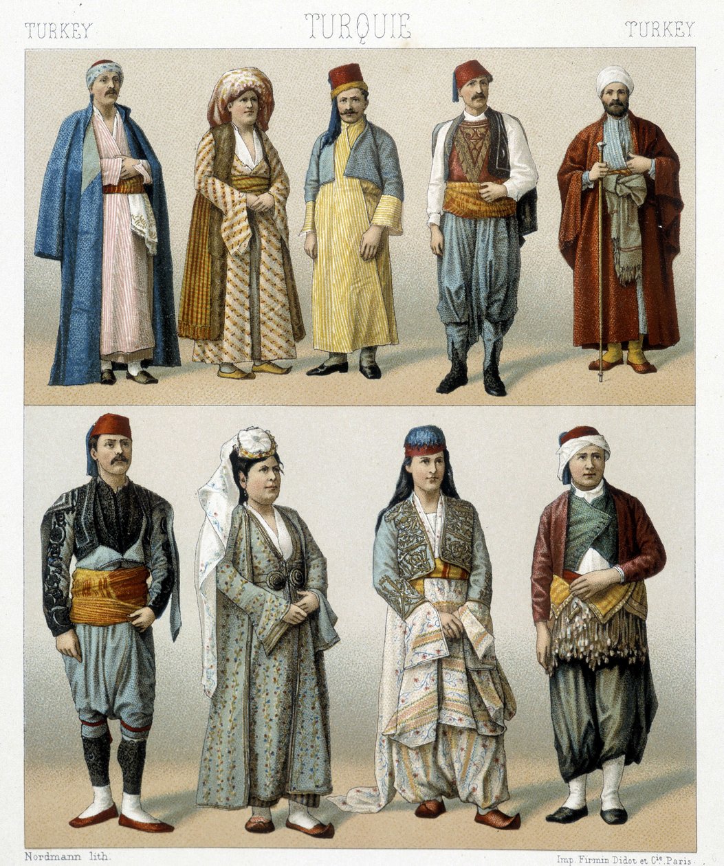 Tyrkiske kostymer fra 1800-tallet. Illustrasjon i "Le costume historique"" av Racinet av Albert Charles August Racinet