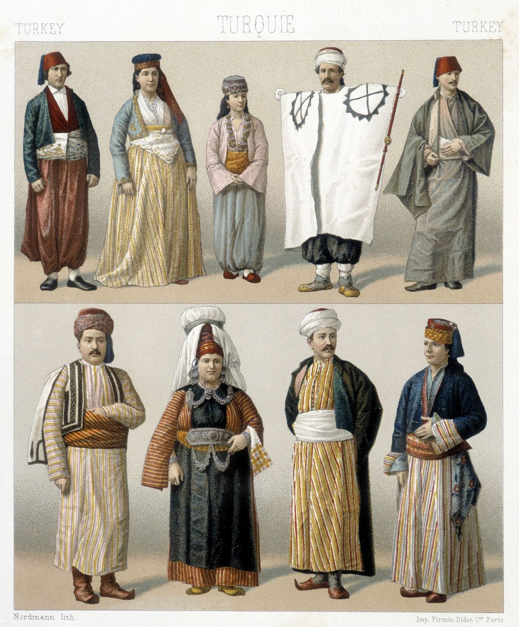 Tyrkiske kostymer fra 1800-tallet. Illustrasjon i "Le costume historique"" av Racinet av Albert Charles August Racinet