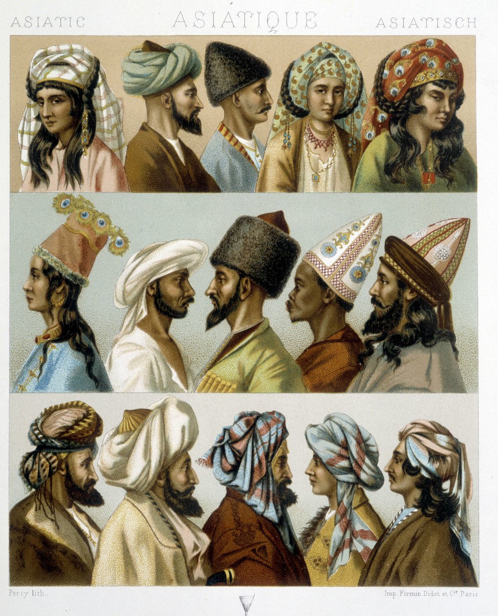 Asiatiske frisyrer - i "" The historical costume"" av Racinet, sent på 1800-tallet av Albert Charles August Racinet