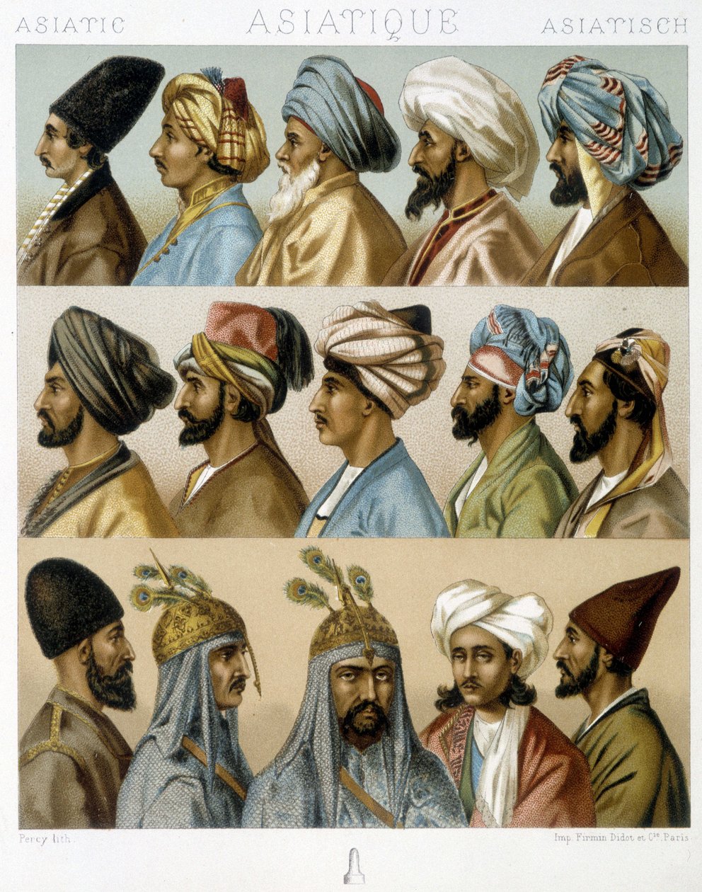 Asiatiske mannlige frisyrer - i "" Den historiske kostymen"" av Racinet, sent på 1800-tallet av Albert Charles August Racinet