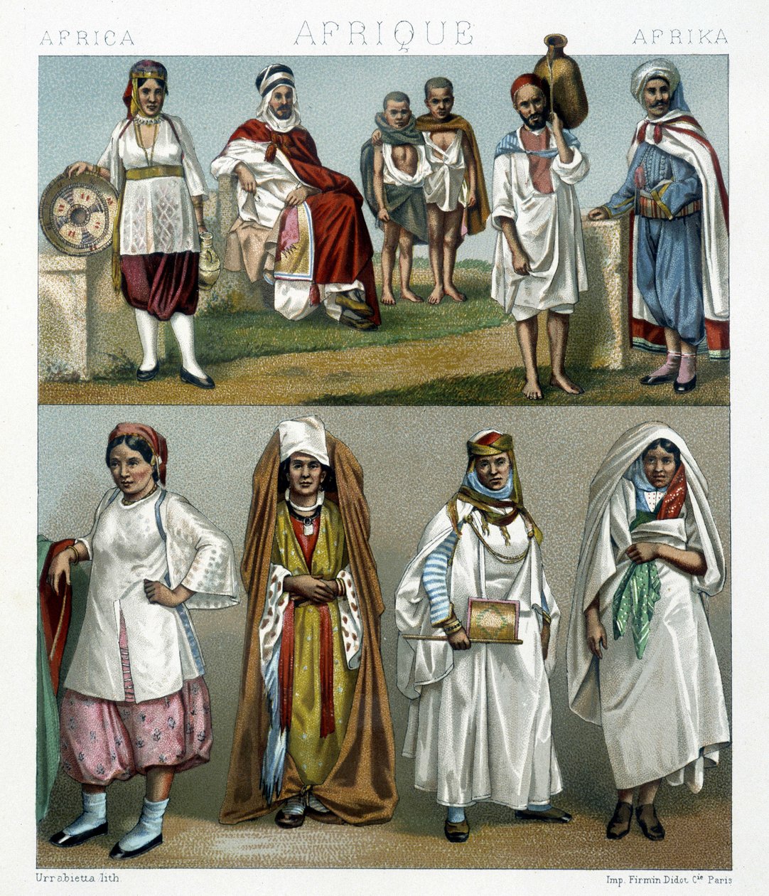 Barbareske kostymer (Afrika). Illustrasjon i "" Le costume historique"" av Racinet av Albert Charles August Racinet