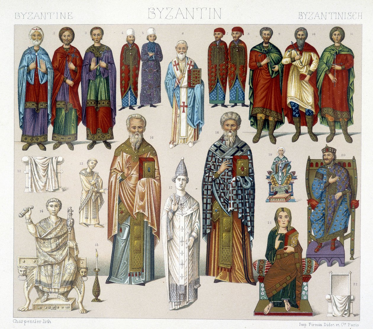 Bysantinske kostymer. Illustrasjon i "Den historiske drakten" av Racinet av Albert Charles August Racinet