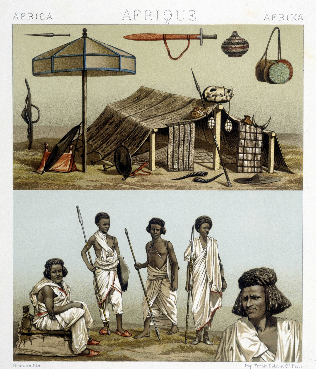 Leir og tradisjonelle klær fra Nubia. Illustrasjon i "" Le costume historique"" av Racinet av Albert Charles August Racinet