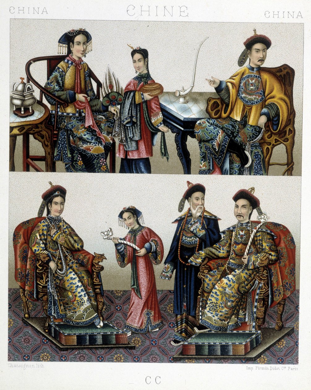 Chinese Aristocracy - i "" Le costume historique"" av Racinet av Albert Charles August Racinet