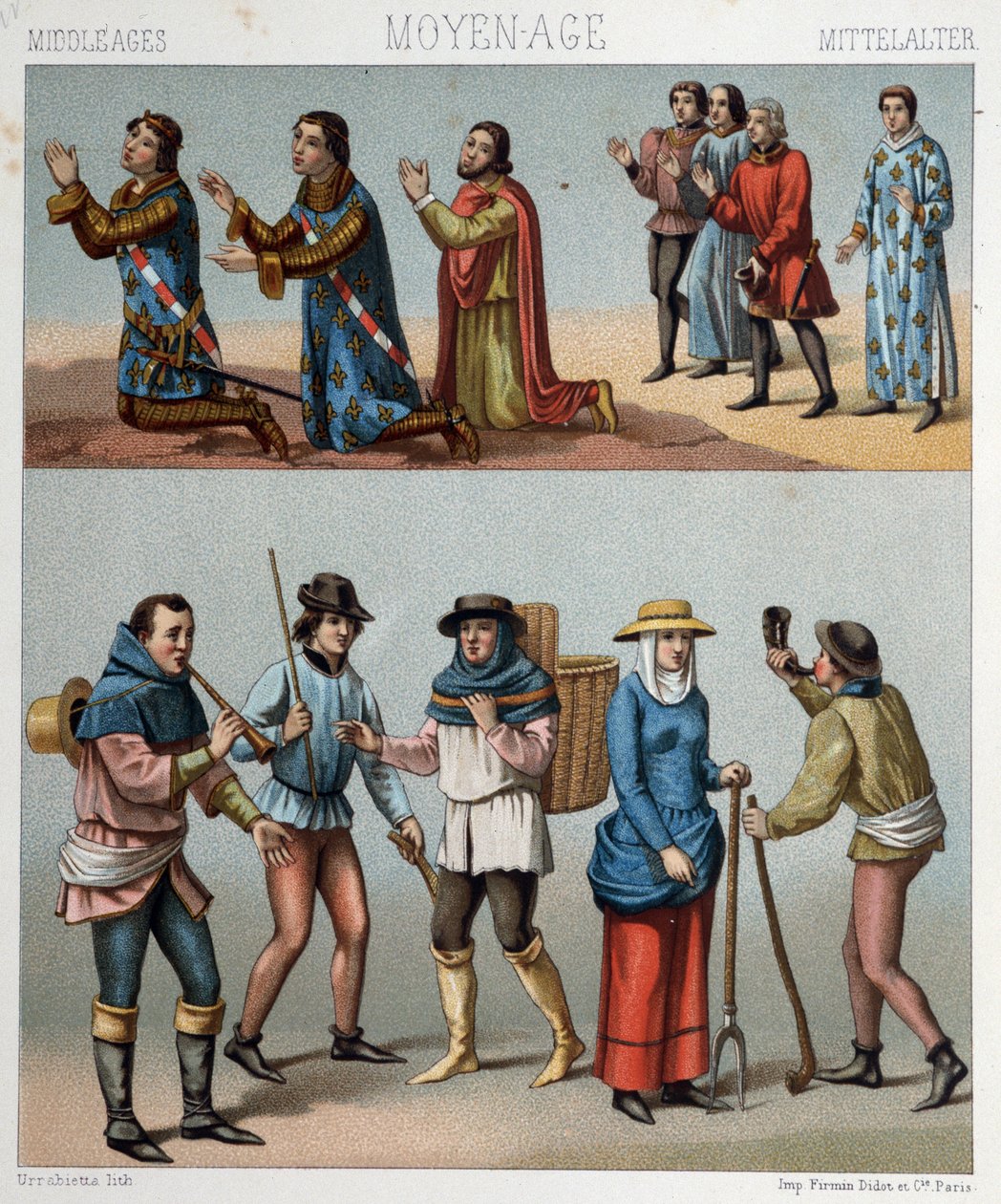 Sivile drakter i middelalderen - i "" Den historiske drakten"" av Racinet av Albert Charles August Racinet