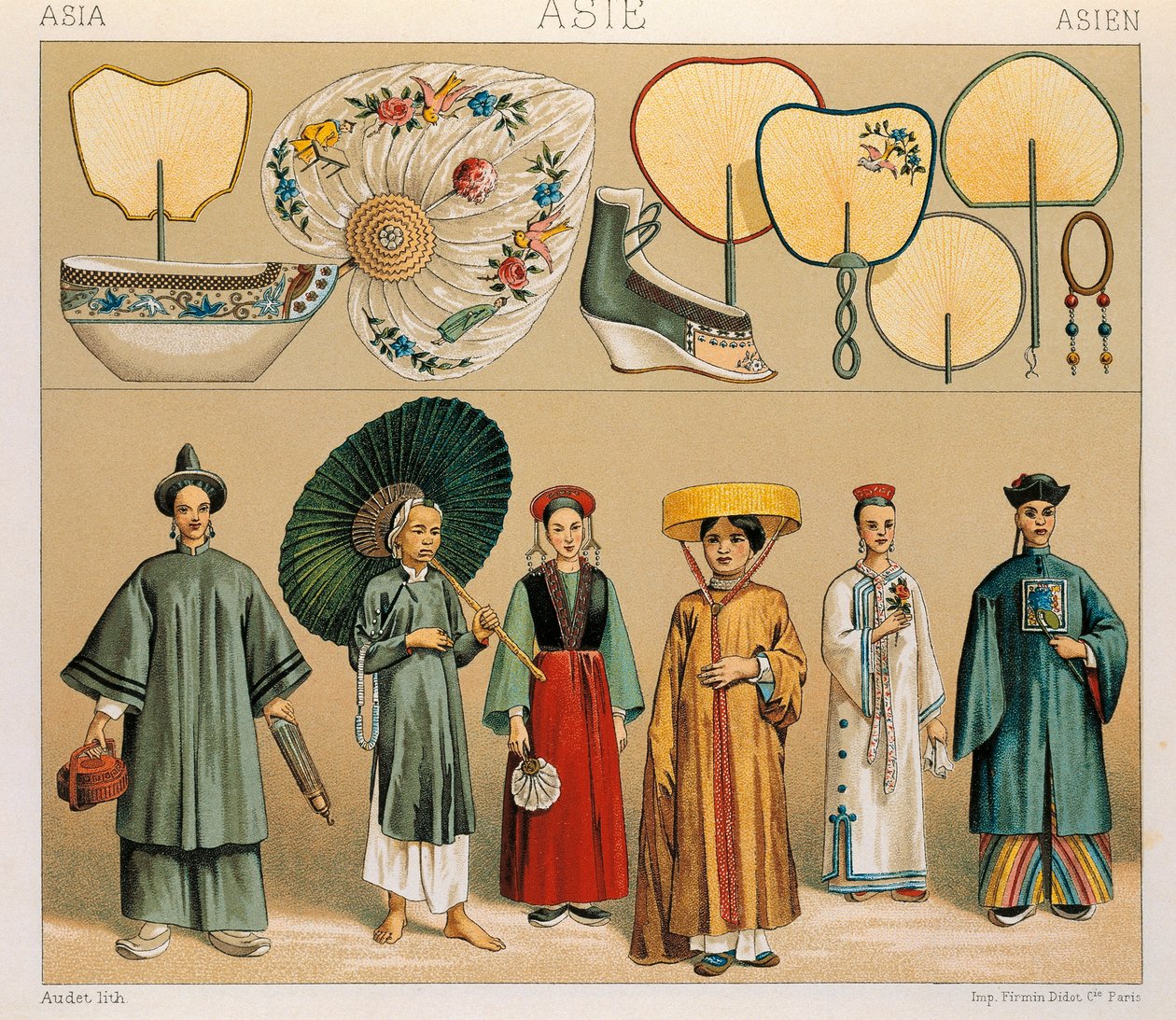 Klær fra kinesiske kvinner og Tartary-regionen, illustrasjon fra Complete Costume History av Auguste Racinet av Albert Charles August Racinet