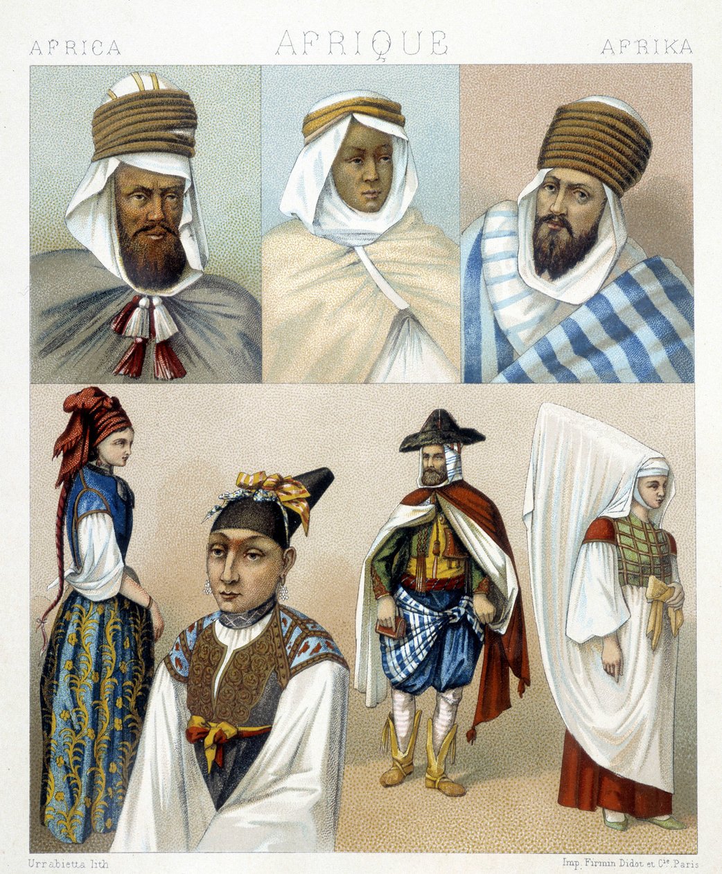 Kostymer og frisyrer fra Algerie. Illustrasjon i "" Le costume historique"" av Racinet av Albert Charles August Racinet