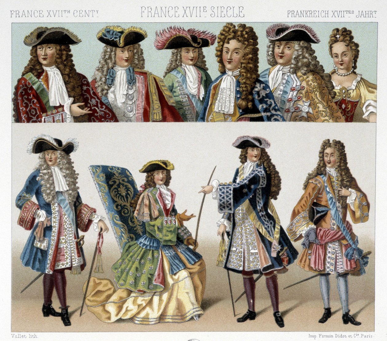 Kostymer og frisyrer fra den franske adelen på 1700-tallet. Illustrasjon i "" Le costume historique"" av Racinet av Albert Charles August Racinet