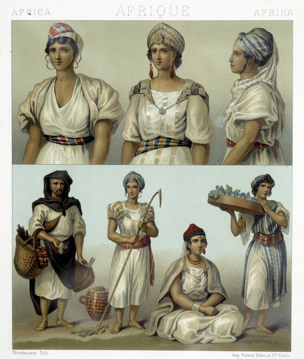 Kostymer og hodeplagg til kabylkvinner (øverst). Tunisiske og algeriske kostymer (nederst). Illustrasjon i "" Le costume historique"" av Racinet av Albert Charles August Racinet