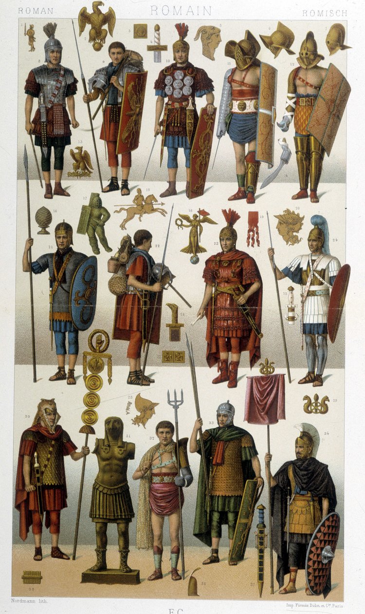 Kostymer, rustninger og våpen til romerske soldater, krigere og gladiatorer fra antikken - i "" Den historiske drakten"" av Racinet av Albert Charles August Racinet