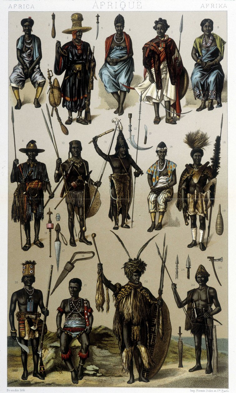 Kostymer fra Guinee, Senegal og Gabon. Illustrasjon i "Le costume historique"" av Racinet av Albert Charles August Racinet